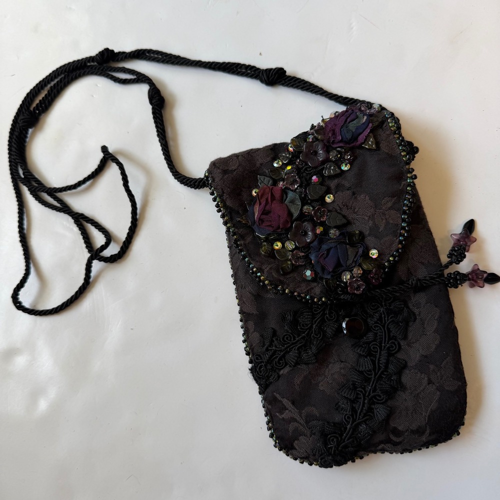 Vintage 90s Beaded Lace Sequin Small Evening Purse Phone Holder Whimsigoth Bag